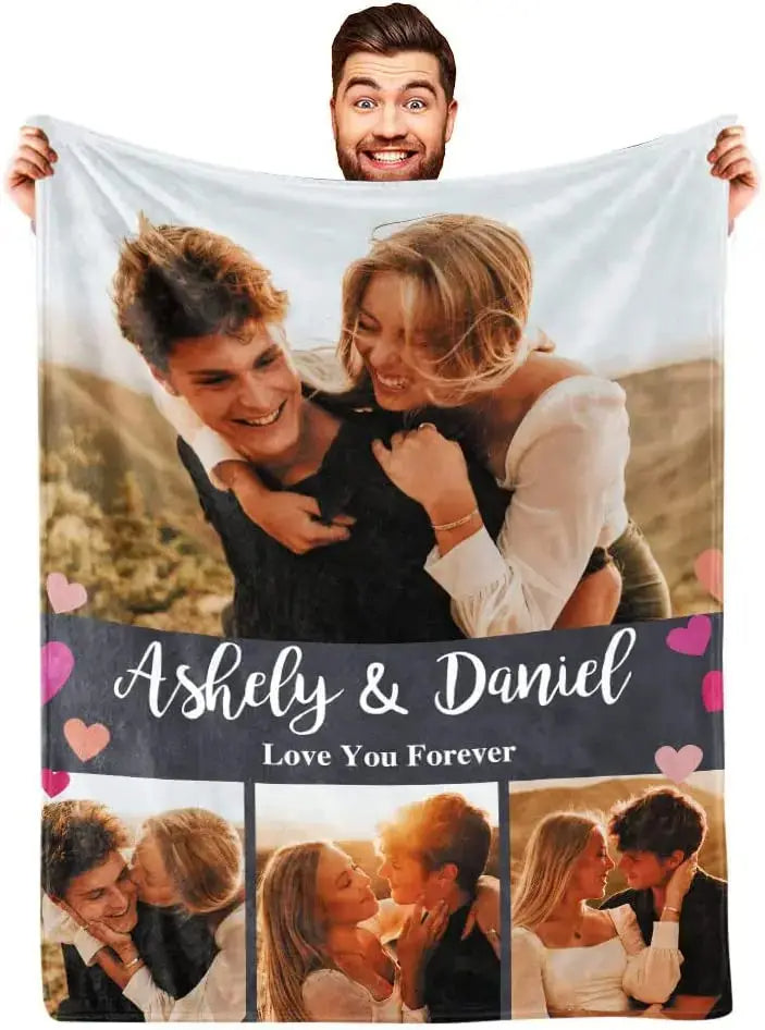 Valentine's Day Special Custom Blanket – Personalized Photo Collage & Text Throw – Romantic Gift for Loved Ones