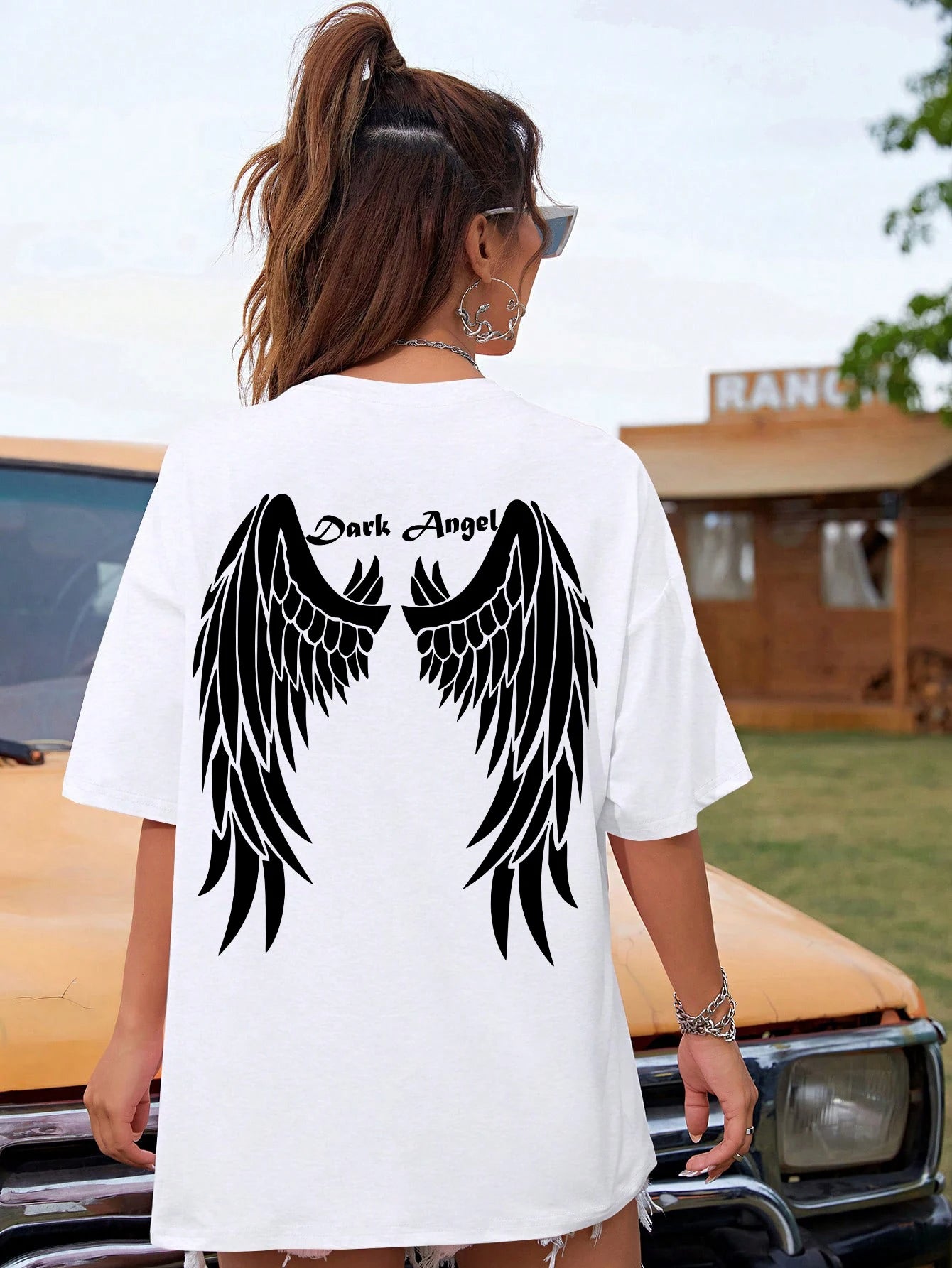 Custom Angel Wing Graphic T-Shirt – Personalized Name or Text – Oversized Hip Hop Streetwear for Women