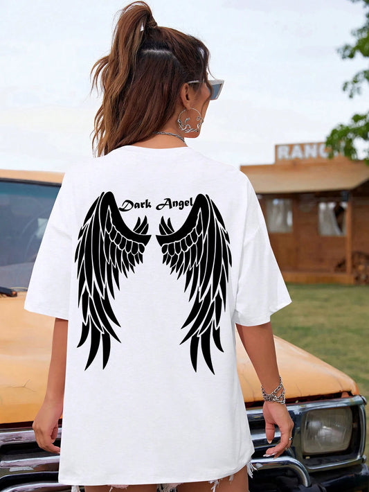Custom Angel Wing Graphic T-Shirt – Personalized Name or Text – Oversized Hip Hop Streetwear for Women