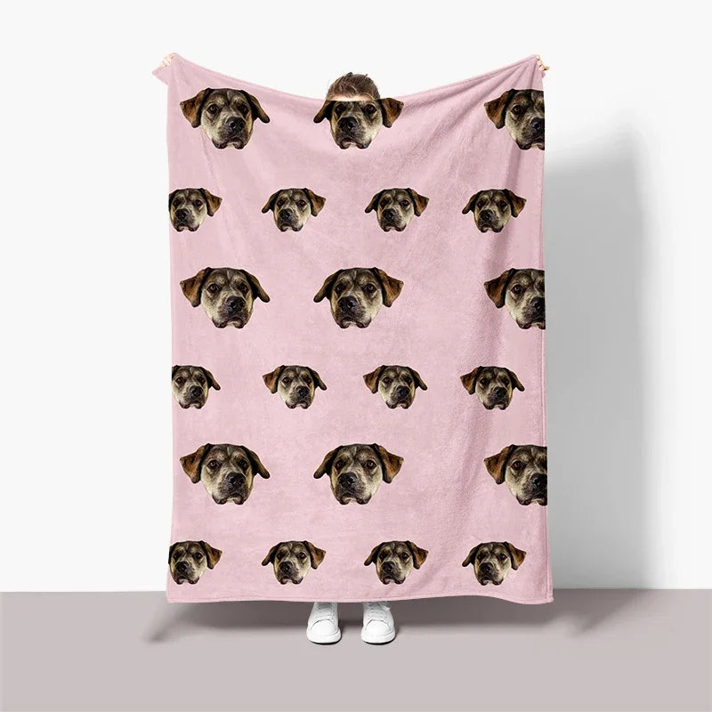 Personalized Pet Photo Blanket – Custom Dog Face Throw with Text – Unique Gift for Pet Lovers & Friends