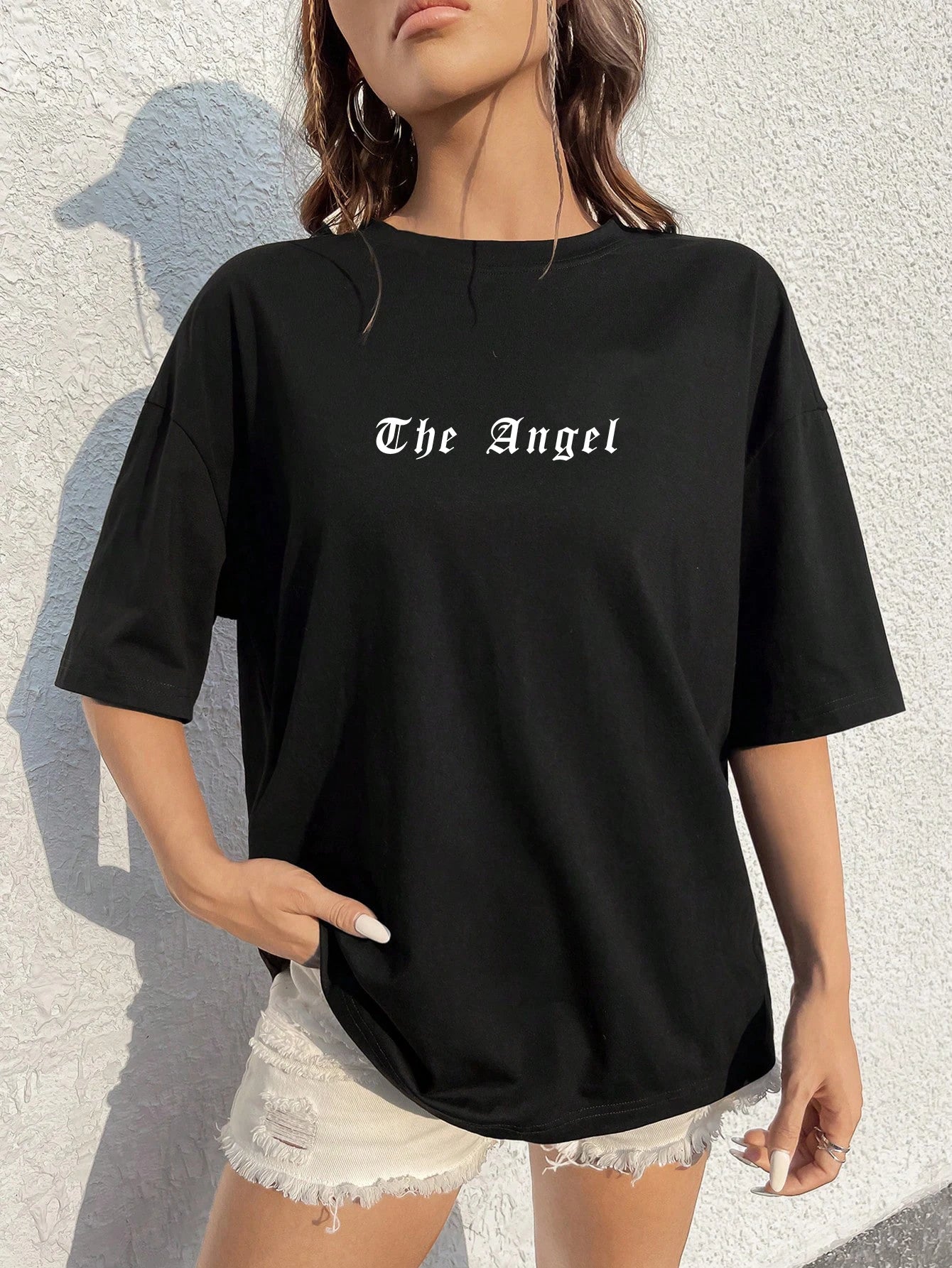 Custom Angel Wing Graphic T-Shirt – Personalized Name or Text – Oversized Hip Hop Streetwear for Women